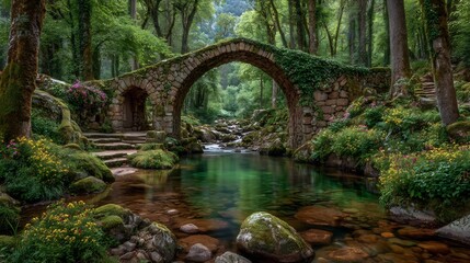 Enchanted Stone Bridge in a Lush Forest