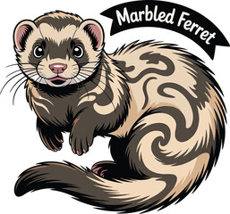 Cartoon illustration of a marbled ferret featuring detailed fur patterns and friendly expression