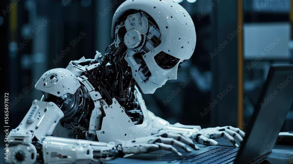 Poster robot typing on laptop in a modern workspace demonstrating technological advancement, robot typing o