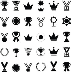 Collection of black and white silhouette illustrations of trophies medals crowns and laurel wreaths