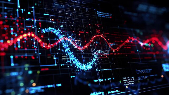 Data visualization of DNA strands intertwined with processing algorithms and mathematical patterns in technology, dna strands over data processing and mathematical equations on black background - Powered by Adobe