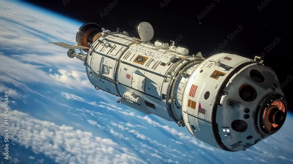 Poster space module orbits earth with stunning view of clouds and atmosphere in the background, the space m