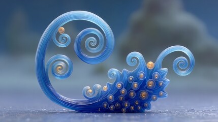 Abstract Blue Wave Sculpture with Golden Accents