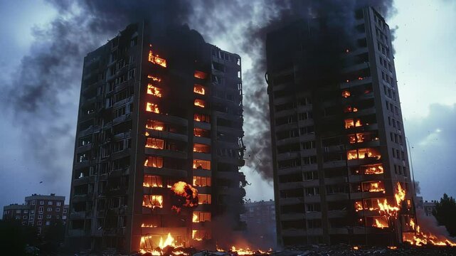 Apartment towers engulfed in flames during a destructive fire, Apartment towers and apartment buildings destroyed and burning because of bombings and airstrikes