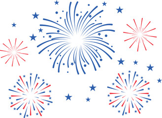 Patriotic red and blue fireworks with stars, festive vector celebration illustration