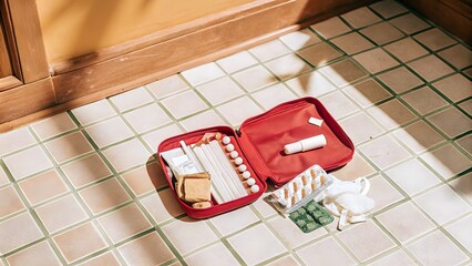 Emergency Medical Kit Open on Floor