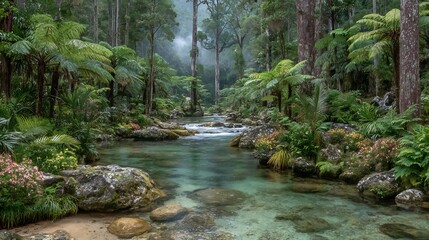 Serene Rainforest River: A Tranquil Escape in Lush Greenery