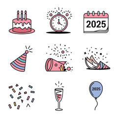 vector Birthdays, New Year celebrations, and the number 2025 Birthday Cake Icon
