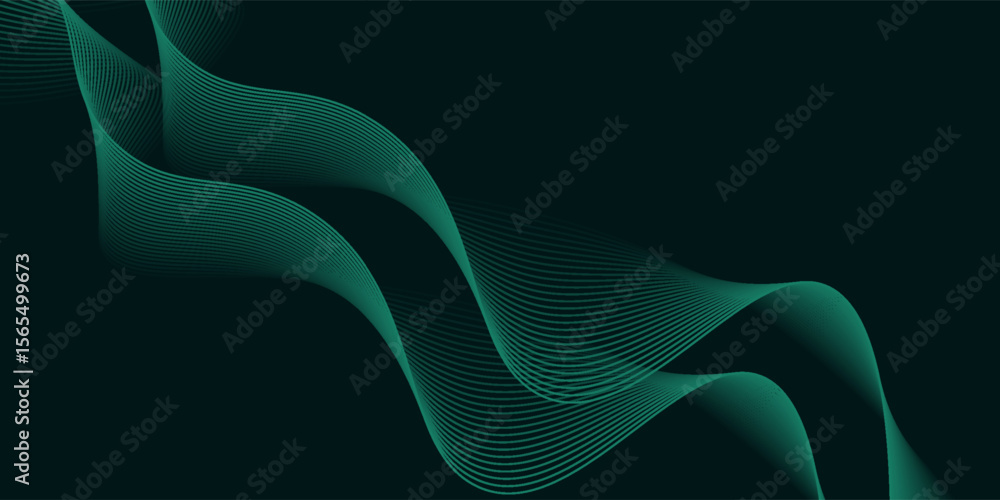Poster 3d green techno abstract background overlap layer on dark space with glowing waves shape effect deco