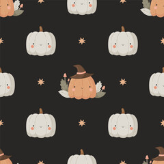 Cute seamless Halloween pumpkin pattern with witch hat and stars on black background