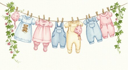 Baby Clothesline Watercolor Illustration - Adorable watercolor painting of baby clothes hanging on a clothesline with ivy. Perfect for announcements, cards, or websites