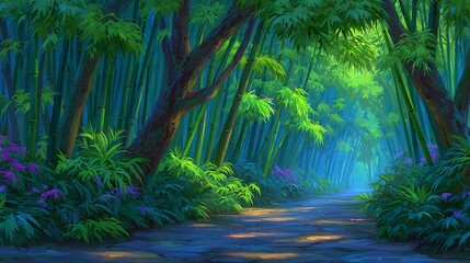 Serene Bamboo Forest Path: A Digital Painting of Tranquility