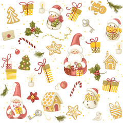 Seamless new year pattern with snowmen, gingerbread and Santa Claus