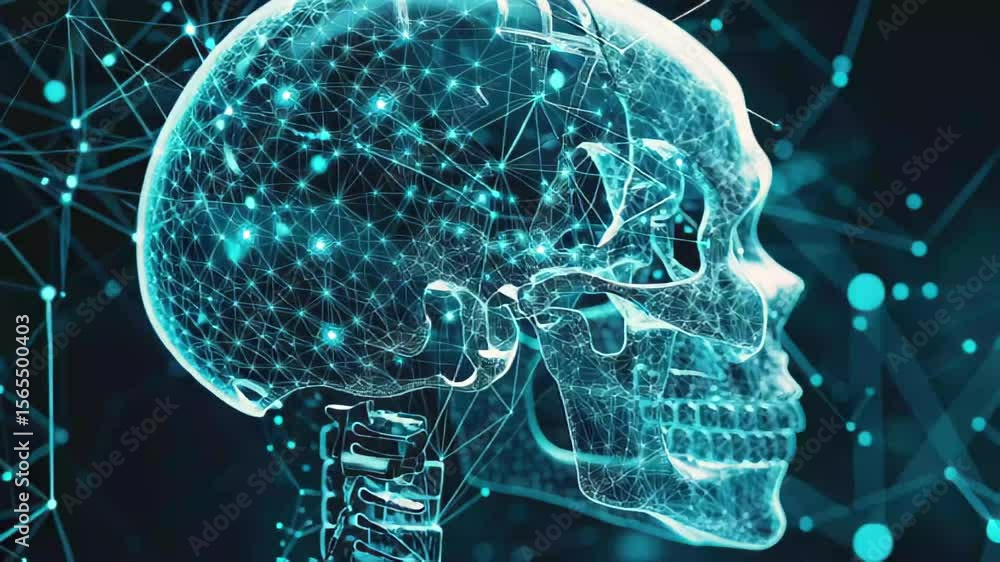 Poster digital network connection between human and robot skulls in a futuristic context, robot and human s