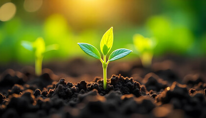 Fototapeta premium Tiny Green Sprout Emerging from Fertile Soil, Bathed in the Warm Glow of Dawn