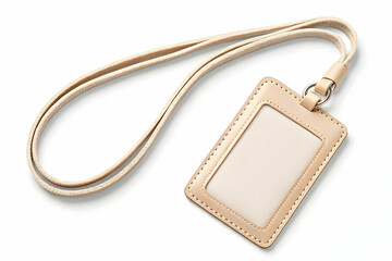Beige leather ID badge mockup with cream lanyard