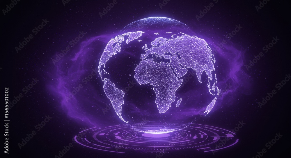 Poster global network connection - futuristic purple glowing globe with network connections, representing g
