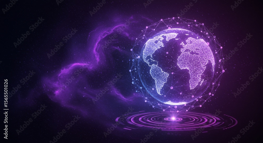 Poster global network connection - illuminated globe encased in a network, floating above a circular platfo