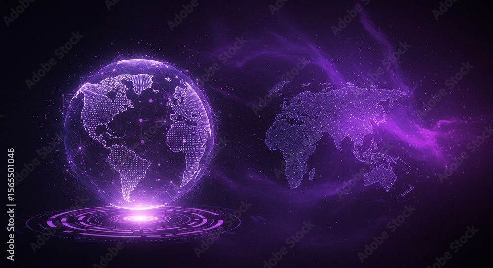 Poster global network connections - futuristic glowing purple globe and world map representing global conne