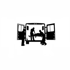 Silhouette of paramedics helping an injured person into an ambulance on white background