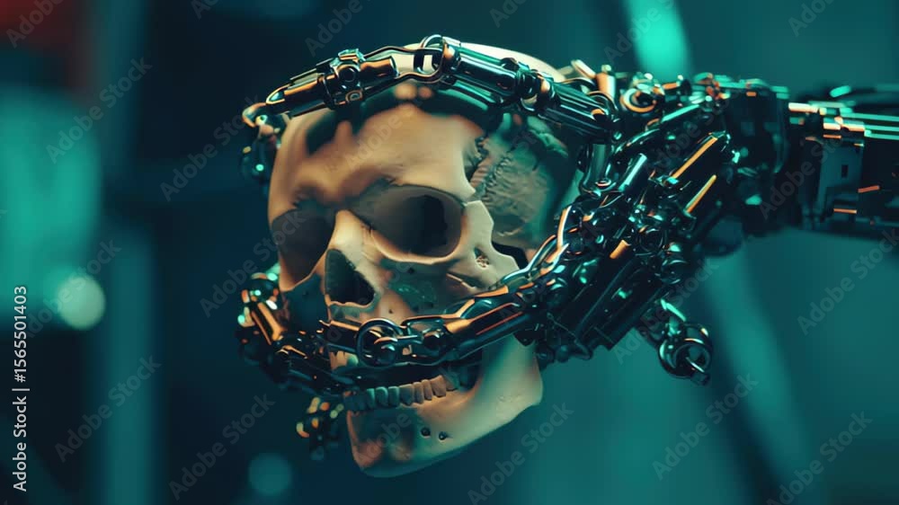 Poster robot arm interacts with human skull, showcasing ai development and futuristic concepts, robot arm g
