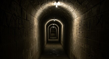 Fototapeta premium Old Vaulted Catacomb: Cryptic Passageway - Mysterious, dark, ancient, narrow, underground. A sense of mystery and exploration. Secret passage, hidden history, forgotten