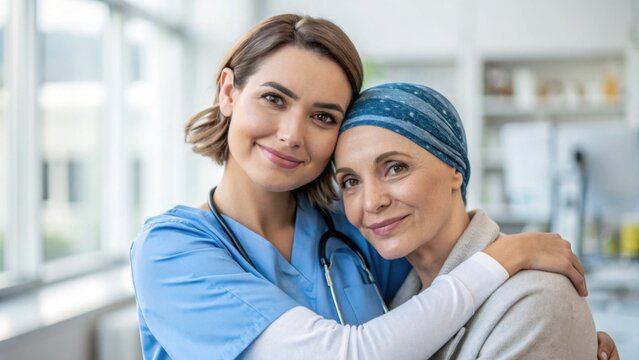 World cancer day research and care concept. Compassionate caregiver embraces a cancer patient in a bright medical setting.