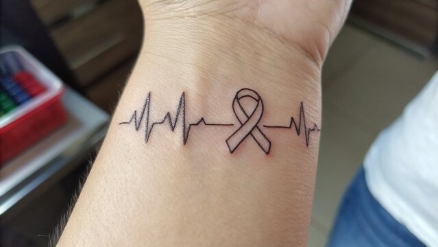 World cancer day research and care concept. Tattoo of heartbeat line with a ribbon symbol on a wrist.