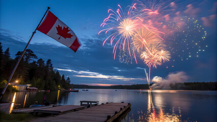 Canadian independence day fireworks celebration over lake with canada flag waving proudly at night scene
