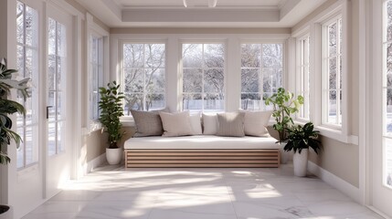 Elegant minimalist sunroom with minimal decor. Featuring a clean, open design with contemporary lines