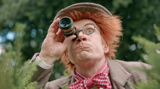 weird whimsical man with monocular in nature looking for wildlife