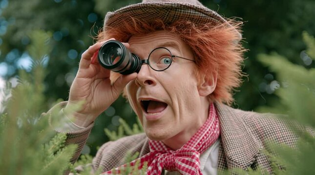 weird whimsical man with monocular in nature looking for wildlife