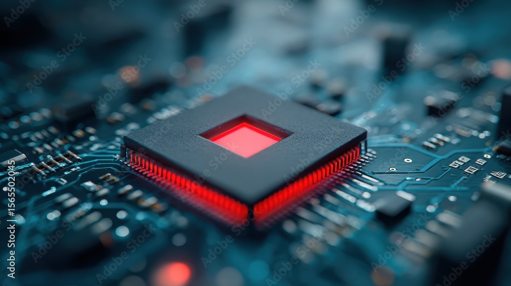 Poster close up of a microchip with a glowing red square on a blue circuit board with a blurry background
