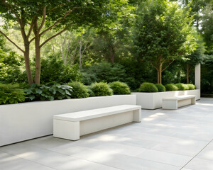 Modern outdoor bench seating area with greenery and white concrete planters