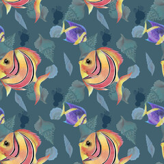 Naklejka premium Seamless pattern with splash, fishes and sea shell