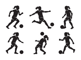 American female soccer player silhouette set, women’s football vector illustration, dynamic soccer poses collection, female athlete sports icons, USA soccer girl action figure