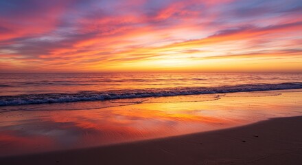 Obraz premium Serene Sunset Beachscape - A breathtaking sunset paints the sky with vibrant oranges, pinks, and purples, reflecting beautifully on the calm ocean waves and sandy beach