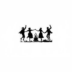 Silhouette of people dancing around a bonfire during a harvest festival on white background