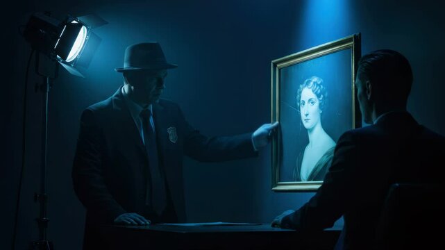Art investigation thriller backdrop, detective examines a suspicious portrait dark atmosphere,