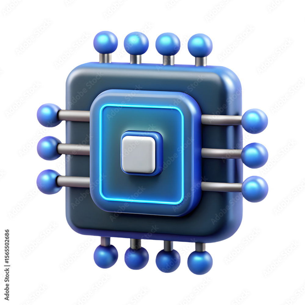 Aufkleber photo of a 3d model of a blue and gray computer processor icon, isolated on transparent background