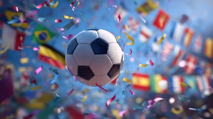 A soccer ball floating amidst multi-colored confetti with flags in the background, celebrating a grand sports event filled with international spirit.