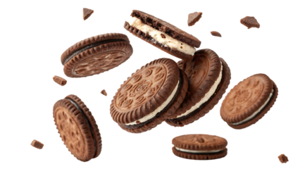 Flying falling chocolate sandwich cookies baked biscuits isolated on a white background PNG. AI GENERATED.
