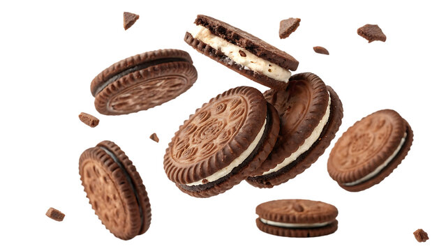 Flying falling chocolate sandwich cookies baked biscuits isolated on a white background PNG. AI GENERATED.