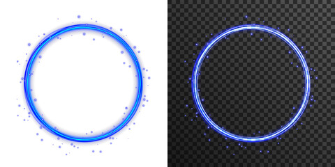 Neon glowing blue rings with orbit effect and radial flare. Futuristic digital halo in dark space....