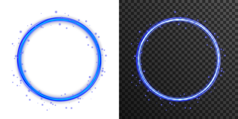 Neon glowing blue rings with orbit effect and radial flare. Futuristic digital halo in dark space. Ideal for sci-fi design, UI interface, cosmic backgrounds, vibrant tech posters and energy concept vi