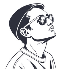 Man wearing sunglasses and beanie profile looking up