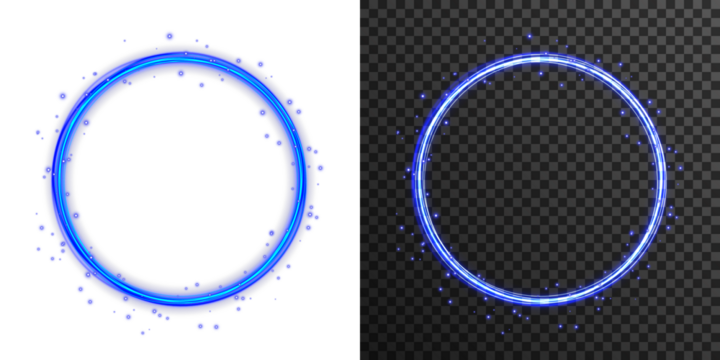 Neon glowing blue rings with orbit effect and radial flare. Futuristic digital halo in dark space. Ideal for sci-fi design, UI interface, cosmic backgrounds, vibrant tech posters and energy concept vi
