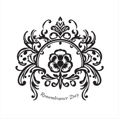 A vibrant, retro-style vector art print featuring a complex, ornamental, black and white silhouette symbolic of Remembrance Day. 