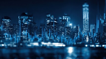 Creative glowing blue night new york city background with grid forex chart. Trade and stock concept. Double exposure , no logos, no brands