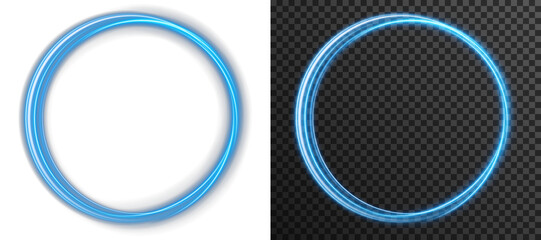 Neon glowing blue rings with orbit effect and radial flare. Futuristic digital halo in dark space. Ideal for sci-fi design, UI interface, cosmic backgrounds, vibrant tech posters and energy concept vi